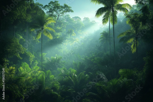 Photo réaliste d’une jungle tropicale brumeuse avec une atmosphère éthérée