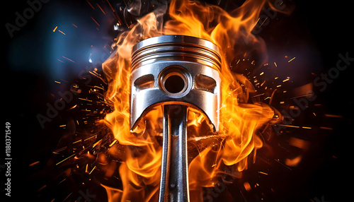 Dramatic close-up of a piston engulfed in flames and sparks against a dark background.  Perfect for automotive, industrial, or power-related projects needing a high-impact, intense visual.