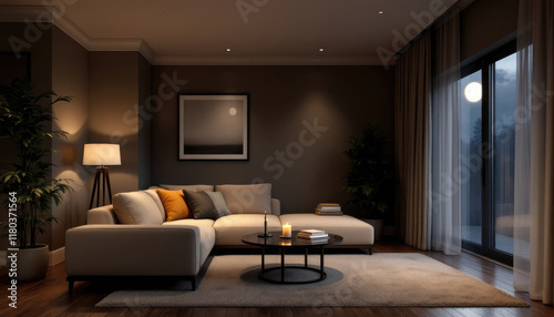 Japandi living room with a large window, a sofa, a coffee table, and a painting on the wall.