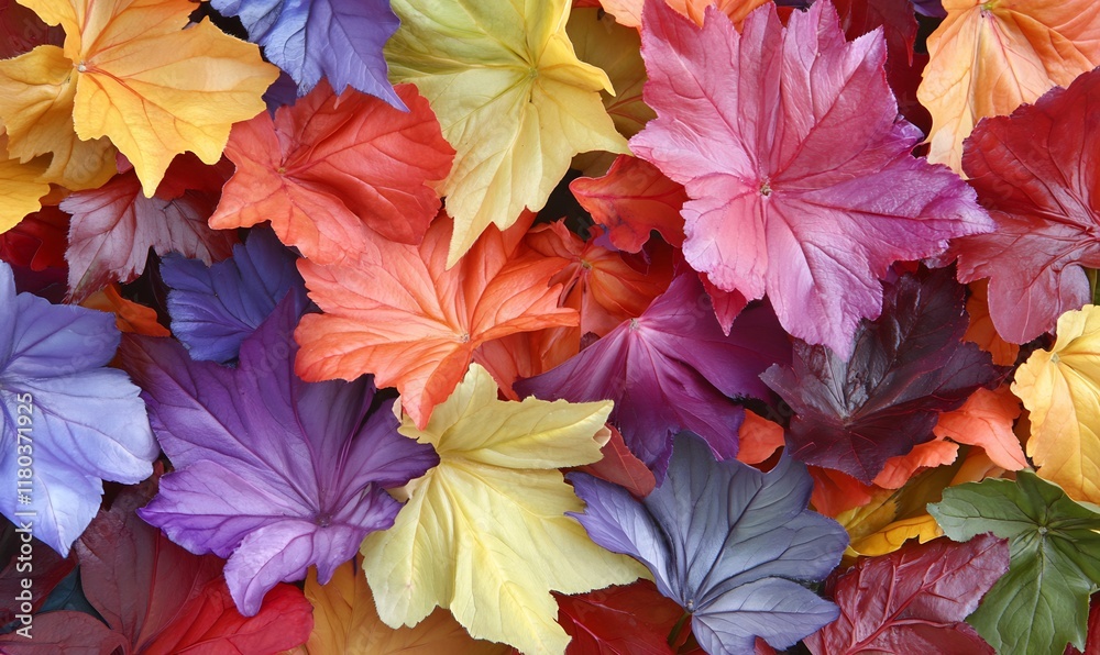 A vibrant array of colorful artificial leaves in various shades. A vibrant array of colorful artificial leaves in various shades.