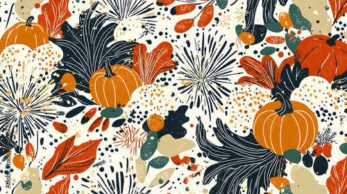 Autumn pumpkins and leaves seamless pattern, abstract floral background.