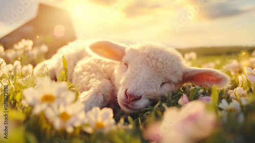 A sheep is laying in a field of flowers