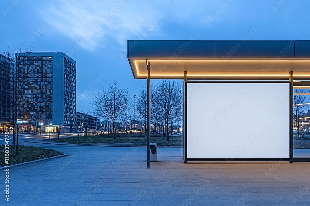 Naklejka premium Simple Blank Poster Frame at Modern Bus Stop with Subtle Lighting