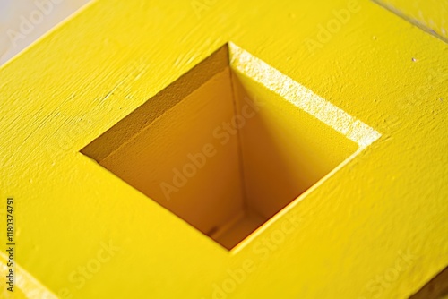 A square hole in a yellow painted wall, suitable for use as a background or prop in various settings photo