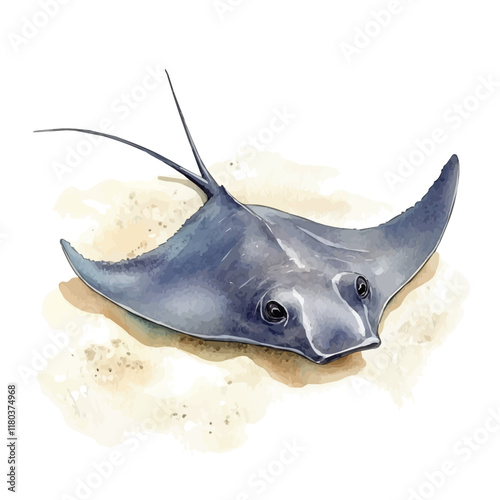 A watercolor illustration of a stingray gliding over ocean sand, isolated on a white background. Stingray vector.
