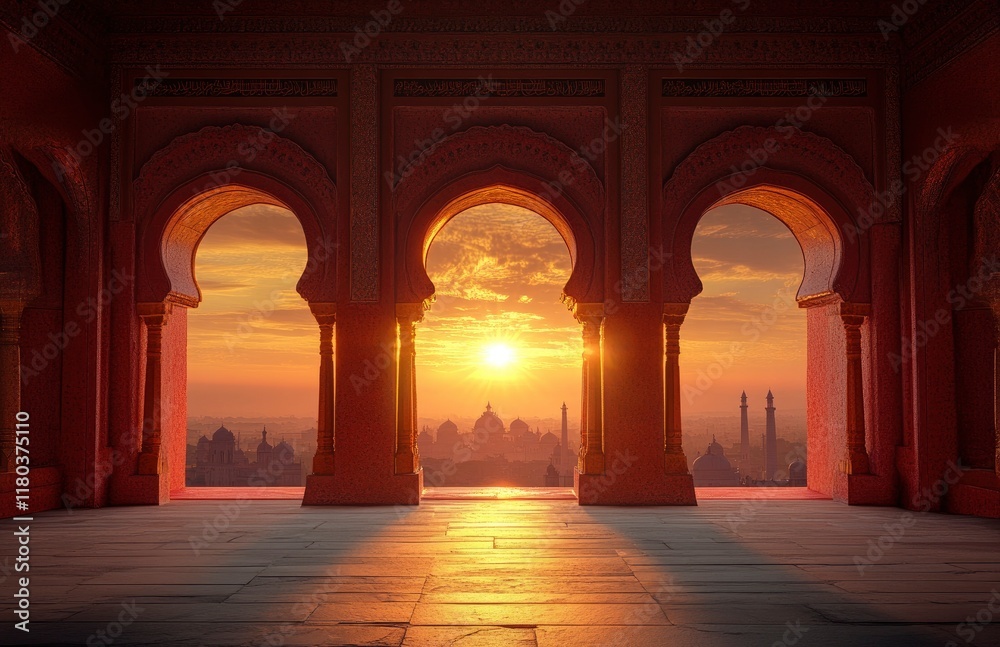 Fototapeta premium Three arches with a sunset view through them, inside an Indian temple, with warm colors, a realistic photo, and high resolution.