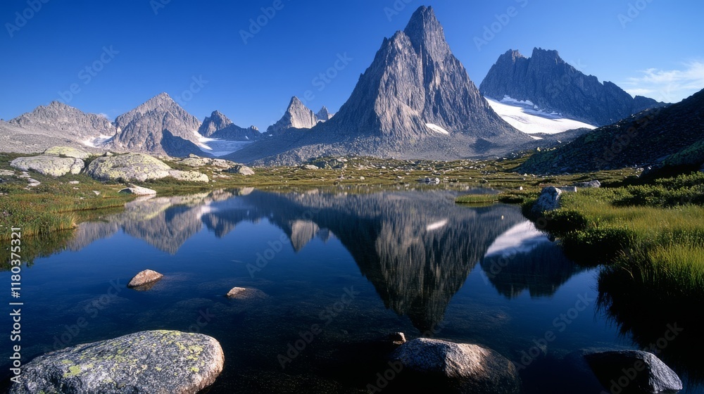 A majestic peak mirrored in a tranquil alpine lake under a brilliant blue sky, a masterpiece of natural reflection and splendor. A majestic peak mirrored in a tranquil alpine lake under a brilliant blue sky, a masterpiece of natural reflection and splendor.