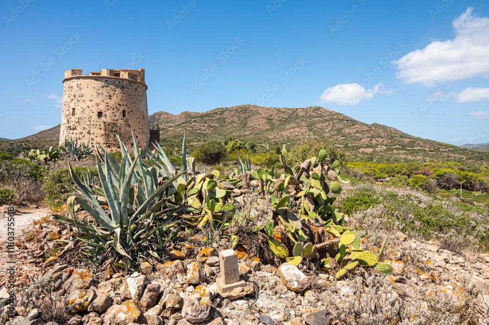 The Canai Tower in the wild landscape of the island of Sant'Antioco
