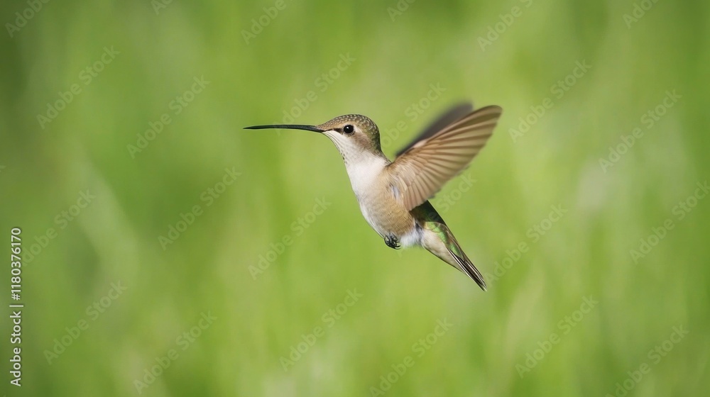 A hummingbird soars through the air above a lush green field A hummingbird soars through the air above a lush green field
