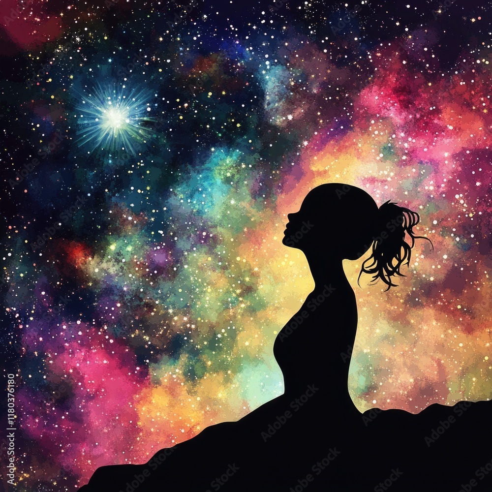 A silhouette of a woman looking up at the stars in a dark night sky A silhouette of a woman looking up at the stars in a dark night sky