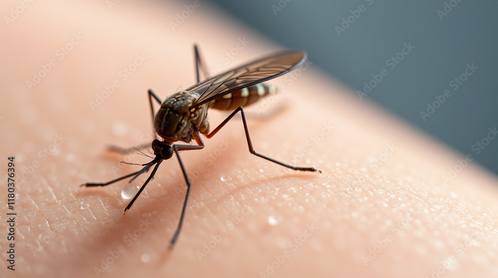 Close-up of a mosquito feeding on human skin. A detailed view of its legs and wings. Close-up of a mosquito feeding on human skin. A detailed view of its legs and wings.