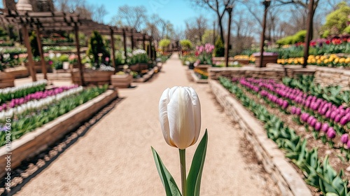 White tulip in garden path, vibrant flowers. photo