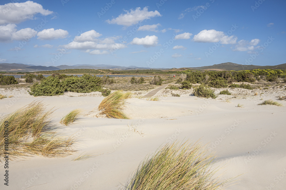 The beautiful beach of Is Solinas in Sardinia with its high white dunes on a windy day The beautiful beach of Is Solinas in Sardinia with its high white dunes on a windy day