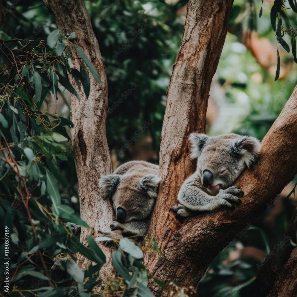 Koalas resting high above ground, peaceful scene Koalas resting high above ground, peaceful scene