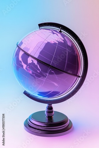 A close-up view of a purple and black globe on a wooden stand, ideal for use in interior design, science education or as a decorative item