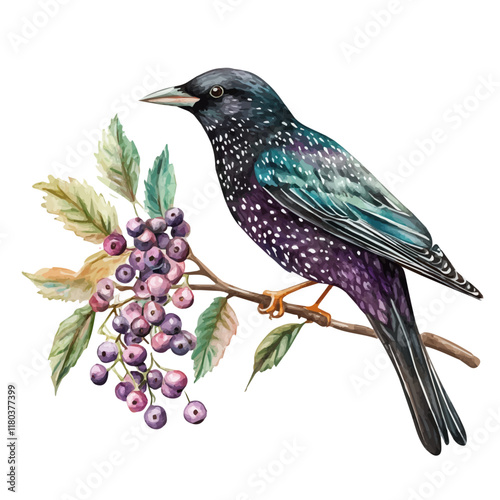 A watercolor illustration of a starling feeding on berries, isolated on a white background. Starling vector.
