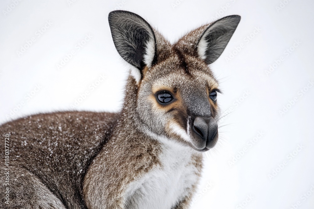 A close-up shot of a kangaroo standing in the snow, looking around A close-up shot of a kangaroo standing in the snow, looking around
