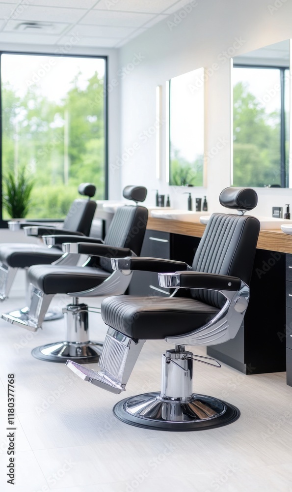 Fototapeta premium Modern Barbershop Interior with Sleek Black Chairs and Bright Windows Overlooking Greenery
