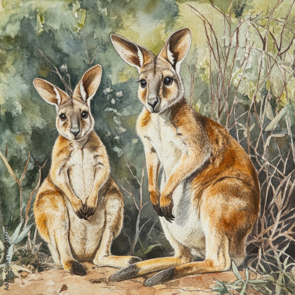 Two kangaroos sitting side by side, friendly and relaxed Two kangaroos sitting side by side, friendly and relaxed