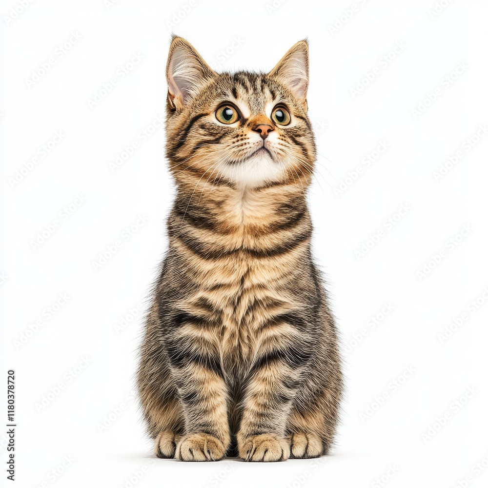 Fototapeta premium A cute, curious tabby Suphalak cat sitting in a playful pose, embodying a sense of innocence and charm.