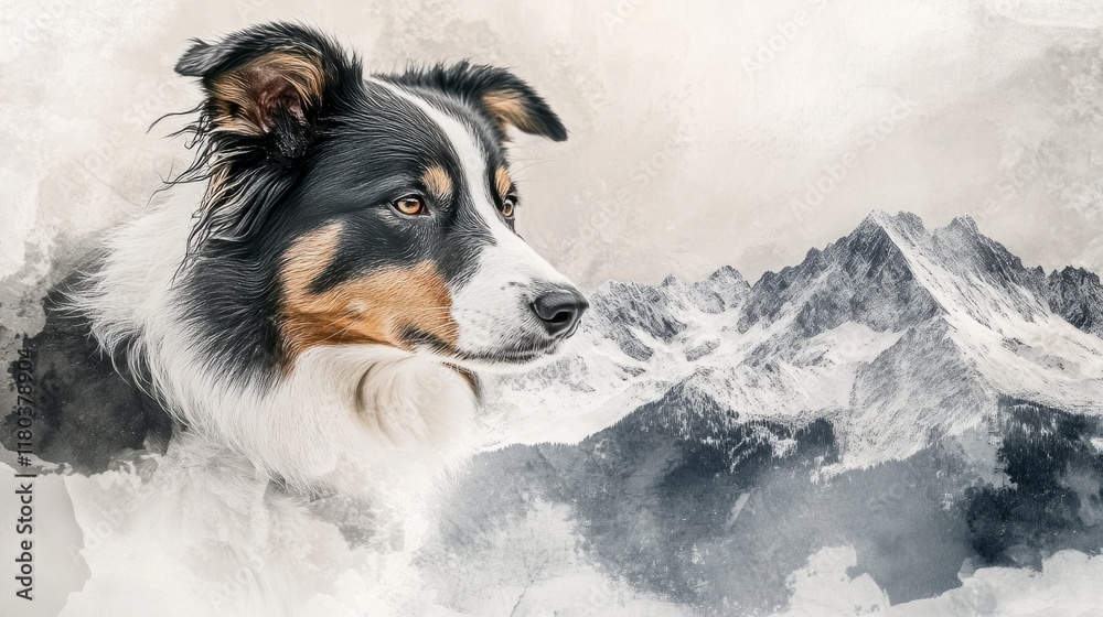 Fototapeta premium face of a border collie and snowy mountainous terrain, soft tones generative ai