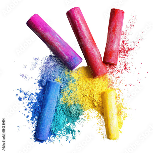 Colorful chalk pieces scattered on black background, creating vibrant artistic display. bright hues of pink, red, blue, yellow, and orange evoke creativity and playfulness