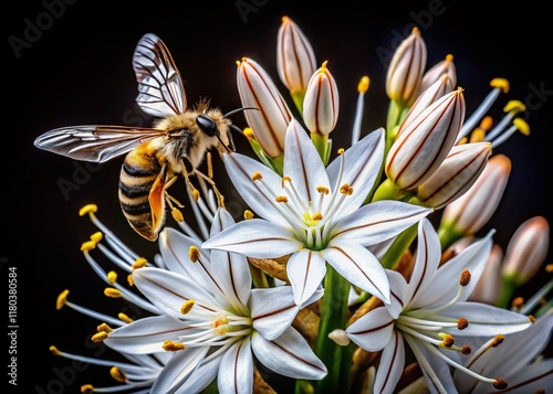 Night Bloom: Bee on White Asphodel Flower - High-Resolution Stock Photo photo