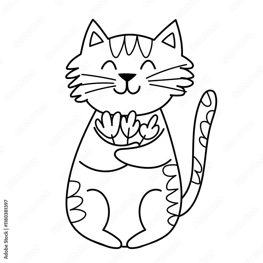 Obraz premium Cute cat holding a bouquet of flowers in black and white. Happy feline character isolated element in outline. Great for coloring page, prints and cards. Vector illustration