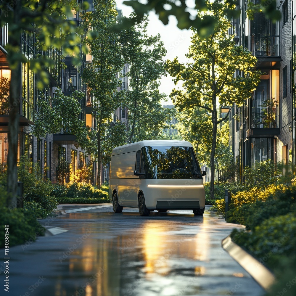 Fototapeta premium A modern delivery van navigates through a lush urban environment, showcasing sustainable transport in a vibrant city setting.