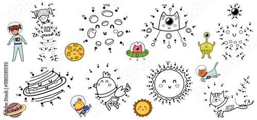 Cute space dot to dot games bundle. Connect the dots and draw funny characters. Educational activity pages set for kids. Vector illustration
