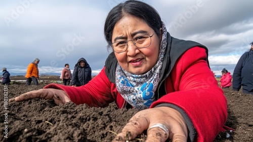 Woman examining soil in a field. photo