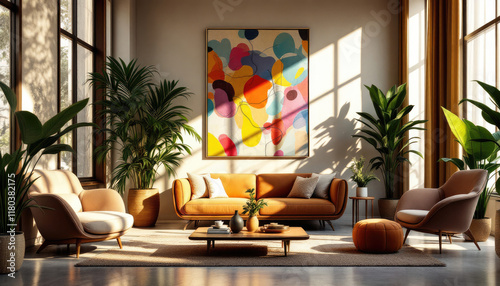 Modern art deco interior living room with large windows, a colorful abstract painting on the wall, and various furniture pieces