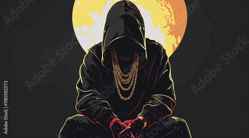 A stylized illustration of a man, hooded and wearing gold chains, sits against a large yellow moon. Dark, moody, and mysterious.