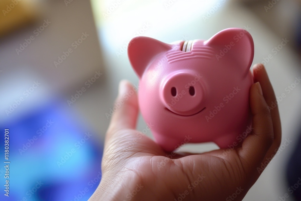 A person's hand holds a small pink piggy bank, often used for saving money A person's hand holds a small pink piggy bank, often used for saving money