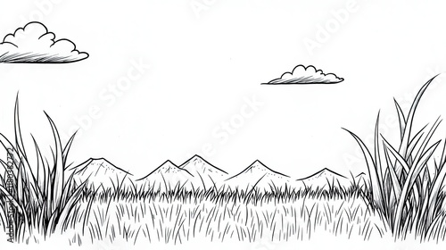 A simple black and white line drawing of a grassy field with mountains in the distance and a cloud in the sky.