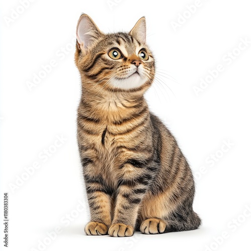 A cute, playful tabby Egyptian Mau cat sitting proudly, showcasing its beautiful stripes and curious expression.