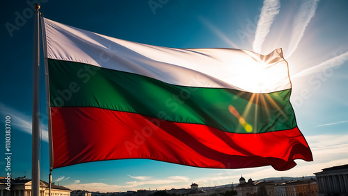 Bulgarian flag close up fluttering, sunny day, city