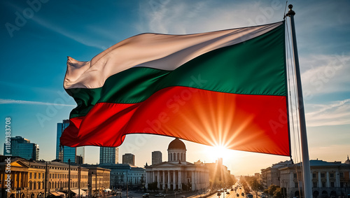 Bulgarian flag close up fluttering, sunny day, city
