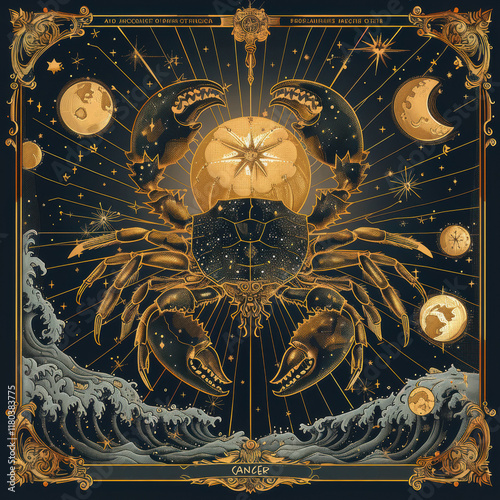 Zodiac sign cancer with celestial crab and cosmic elements in astrology design
