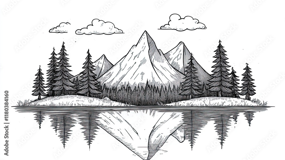 Fototapeta premium Hand-drawn illustration of a mountain range reflected in a lake with pine trees in the foreground and clouds in the sky.