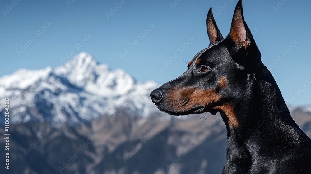 Doberman and a snow covered mountain range under a clear sky, generative ai Doberman and a snow covered mountain range under a clear sky, generative ai