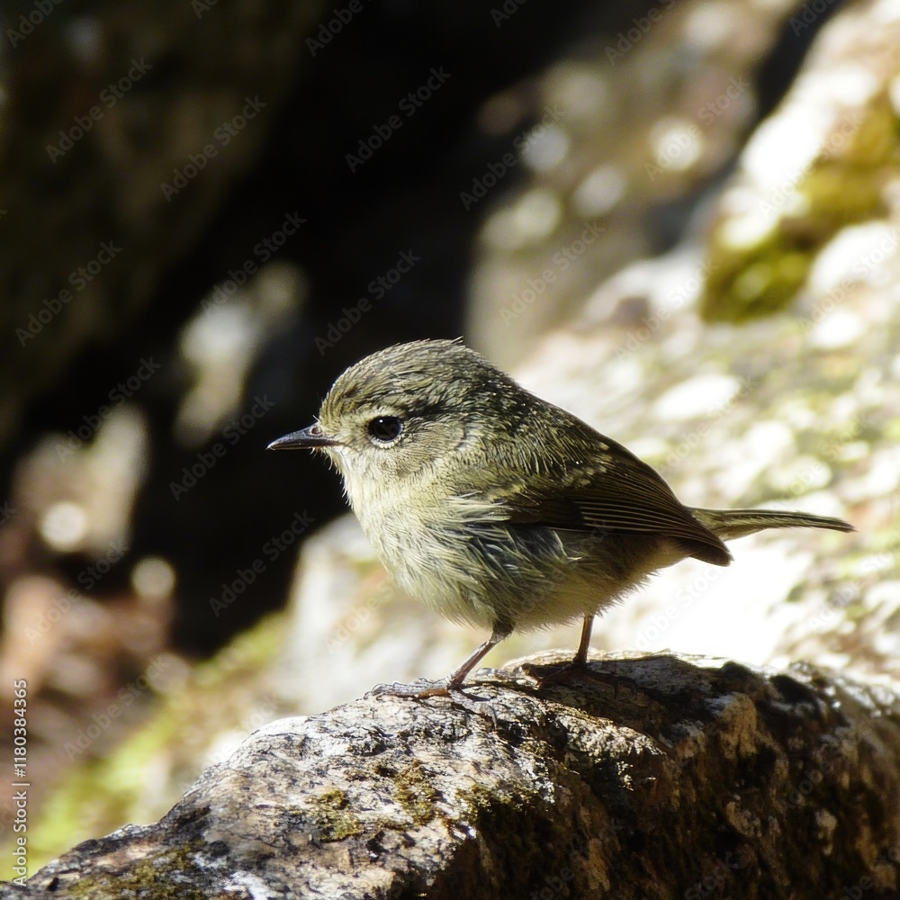 Naklejka premium A small bird sits on the edge of a rock, looking around
