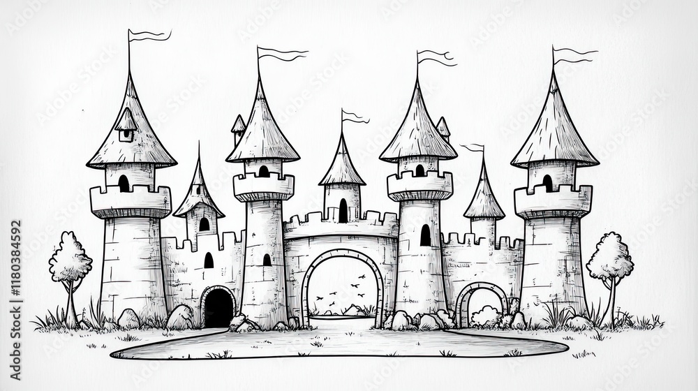Obraz premium Hand-drawn illustration of a whimsical fairytale castle with four towers, a moat, and a large archway entrance.