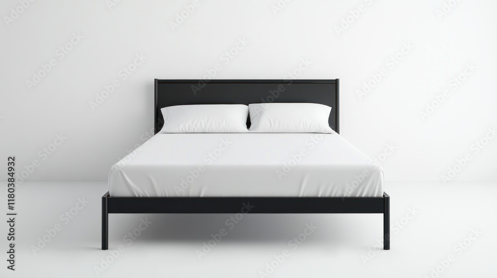 Minimalist black bed frame with white bedding in a bright room.