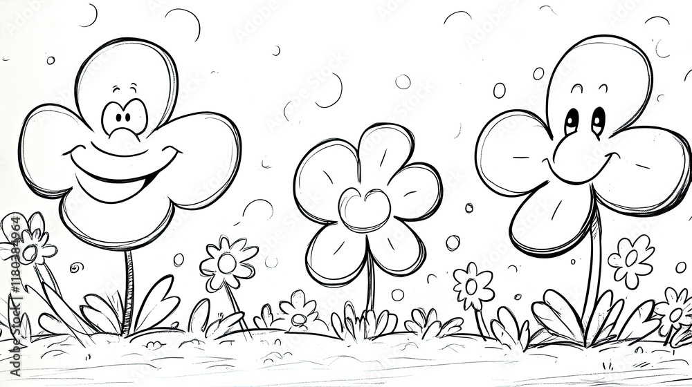 Fototapeta premium Three cartoon flowers with happy faces, two with four petals and one with five petals, in a garden.