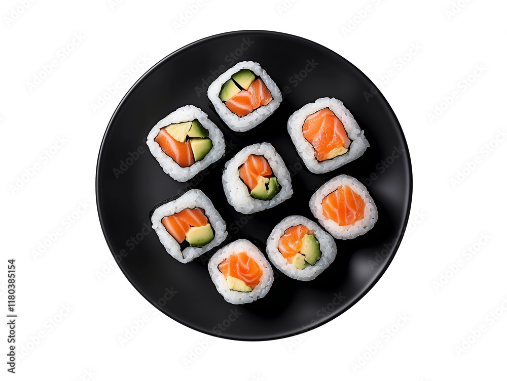 Delicious sushi rolls with fresh salmon and avocado served on a black plate Delicious sushi rolls with fresh salmon and avocado served on a black plate