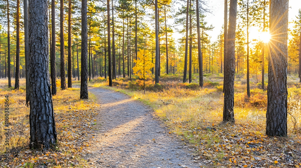 Obraz premium Autumn sunbeams on a forest path, leading into a golden woodland.