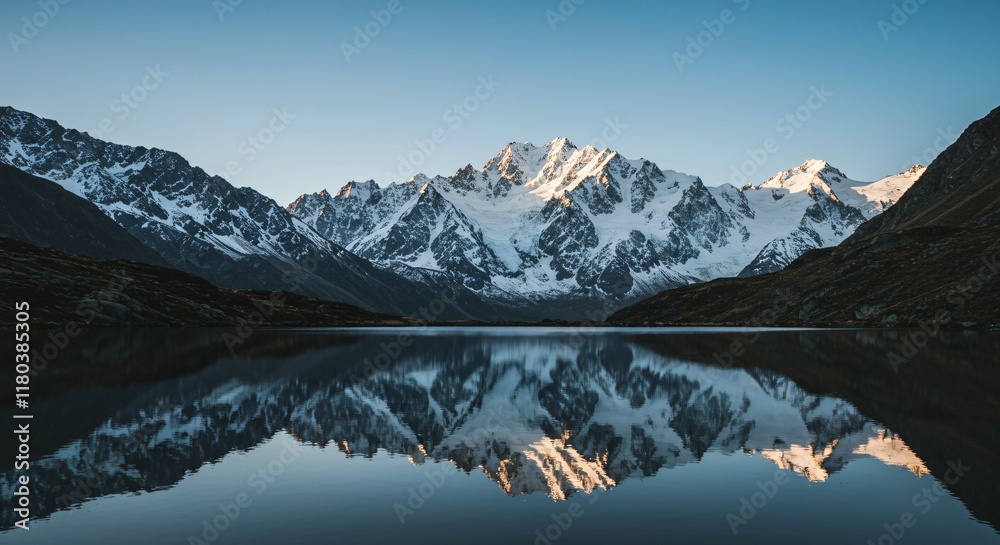 Fototapeta premium A serene mountain lake reflecting the surrounding snowy peaks under a clear blue sky