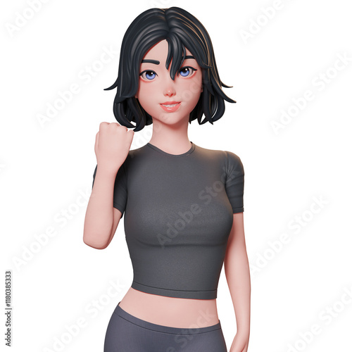 Portrait, half body 3D illustration of a sporty girl in black. showing fist hand gesture using her left hand. happy pose, celebration, Cute cartoon style.