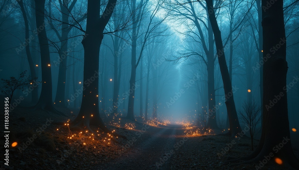 Fototapeta premium A dark forest at night with a path leading into the distance, surrounded by glowing orbs of light